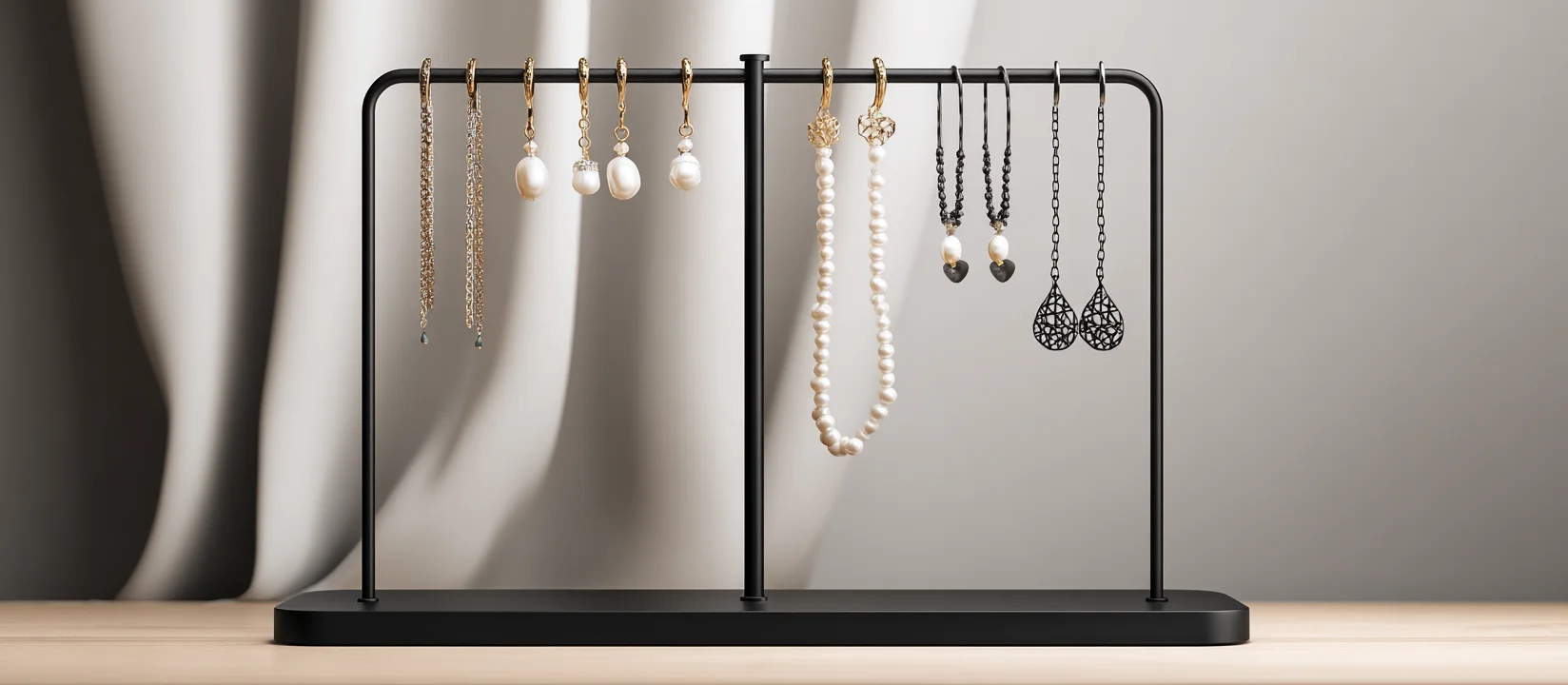 A modern, minimalist earring holder display with a gold earring holder metal design, ideal as an earring display stand for selling.
